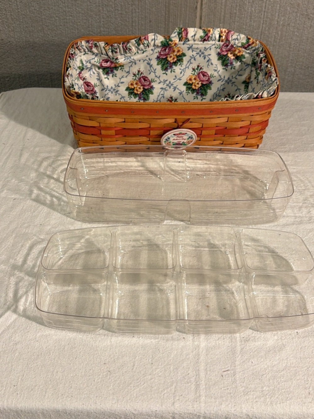 Longaberger Floral Lined Woven Basket in Natural and Orange Tones